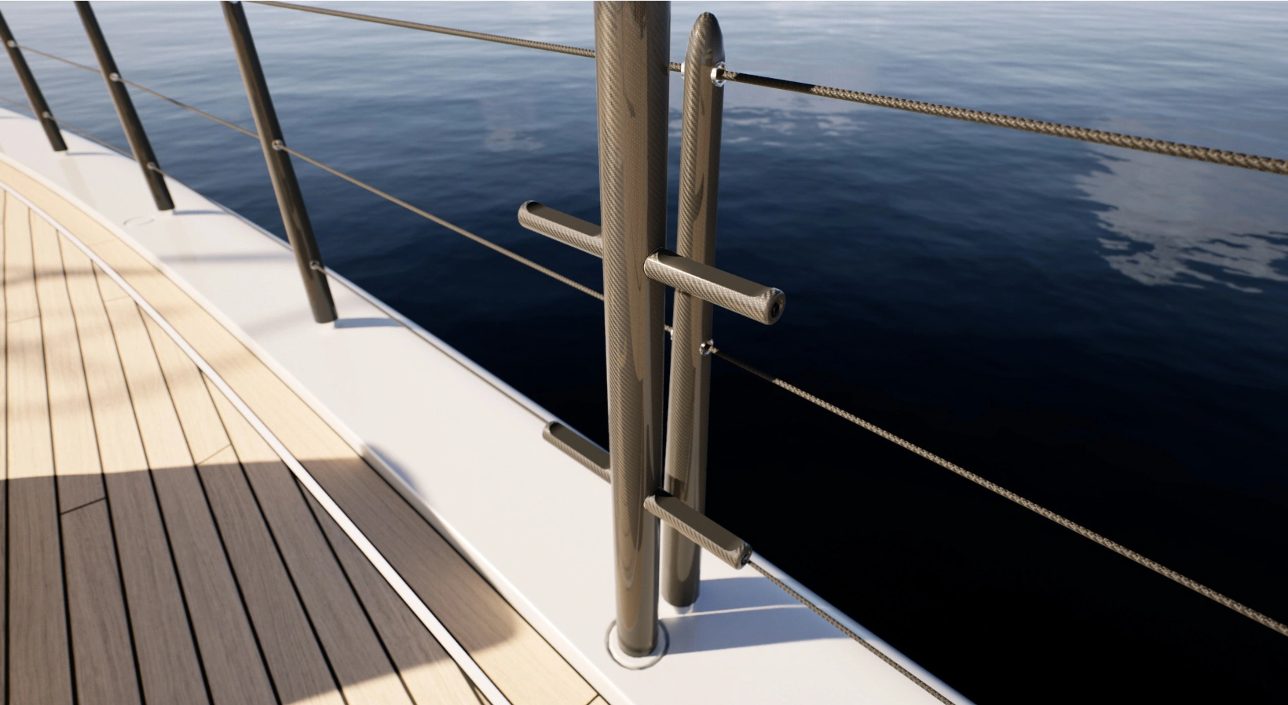 Multifunctional Gamecourt by Tec Wire, including removable steps and Carbon Fibre beams, installed on deck of Superyacht