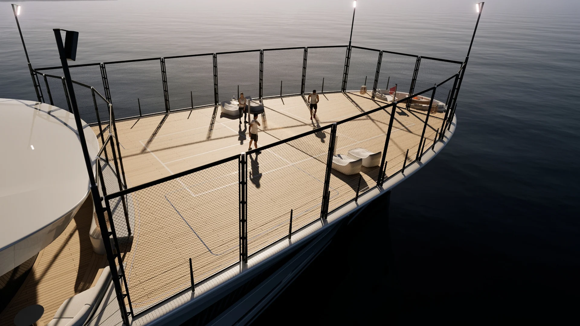 Multifunctional Gamecourt by Tec Wire, including removable steps and Carbon Fibre beams, installed on deck of Superyacht