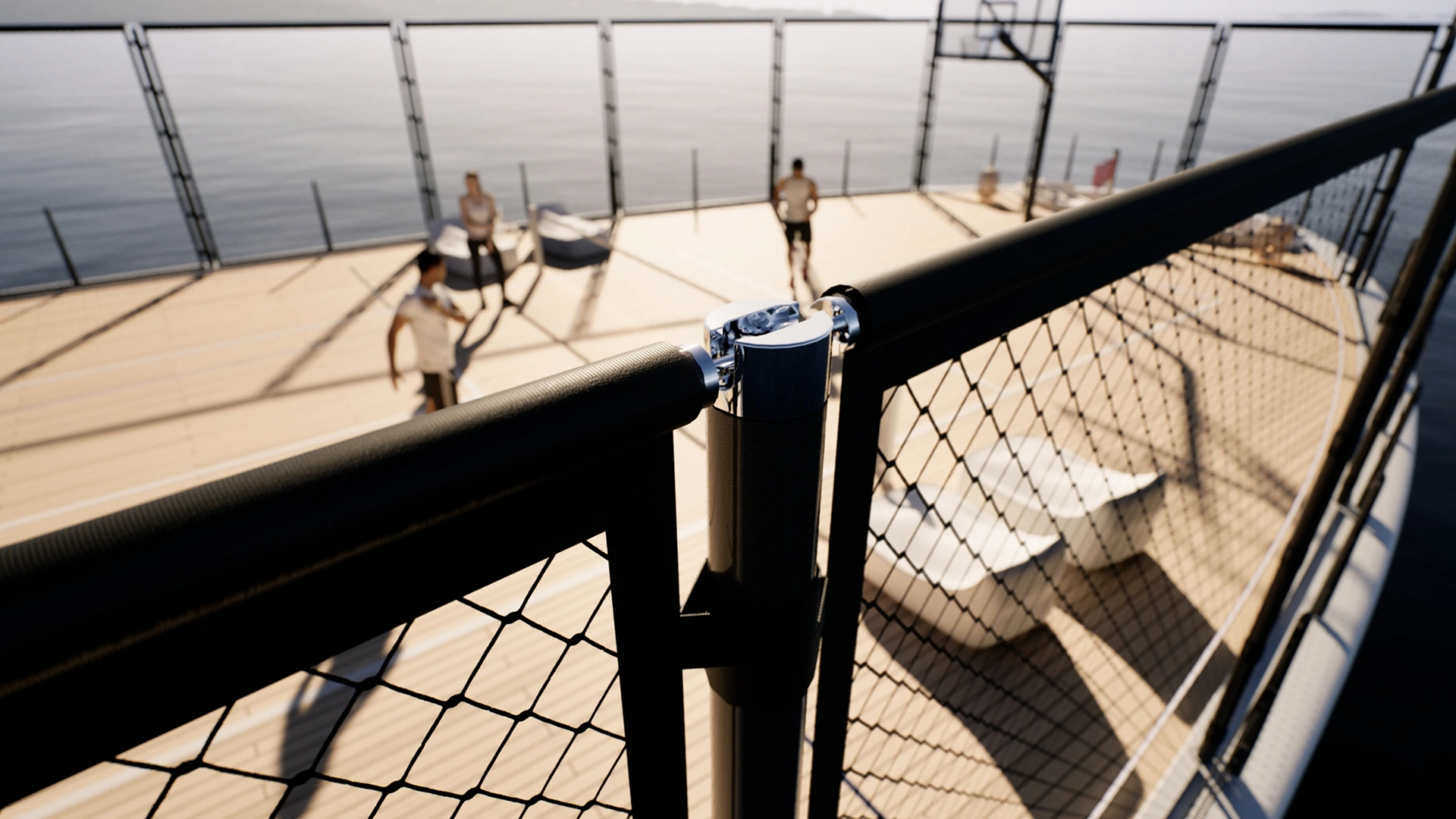 Multifunctional Gamecourt by Tec Wire, including removable steps and Carbon Fibre beams, installed on deck of Superyacht